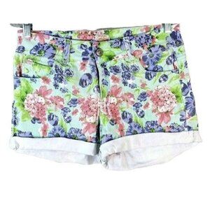 2/$15 Gianni Bini Floral Rolled Denim Shorts Green Size 7 Flowers Zip Pockets